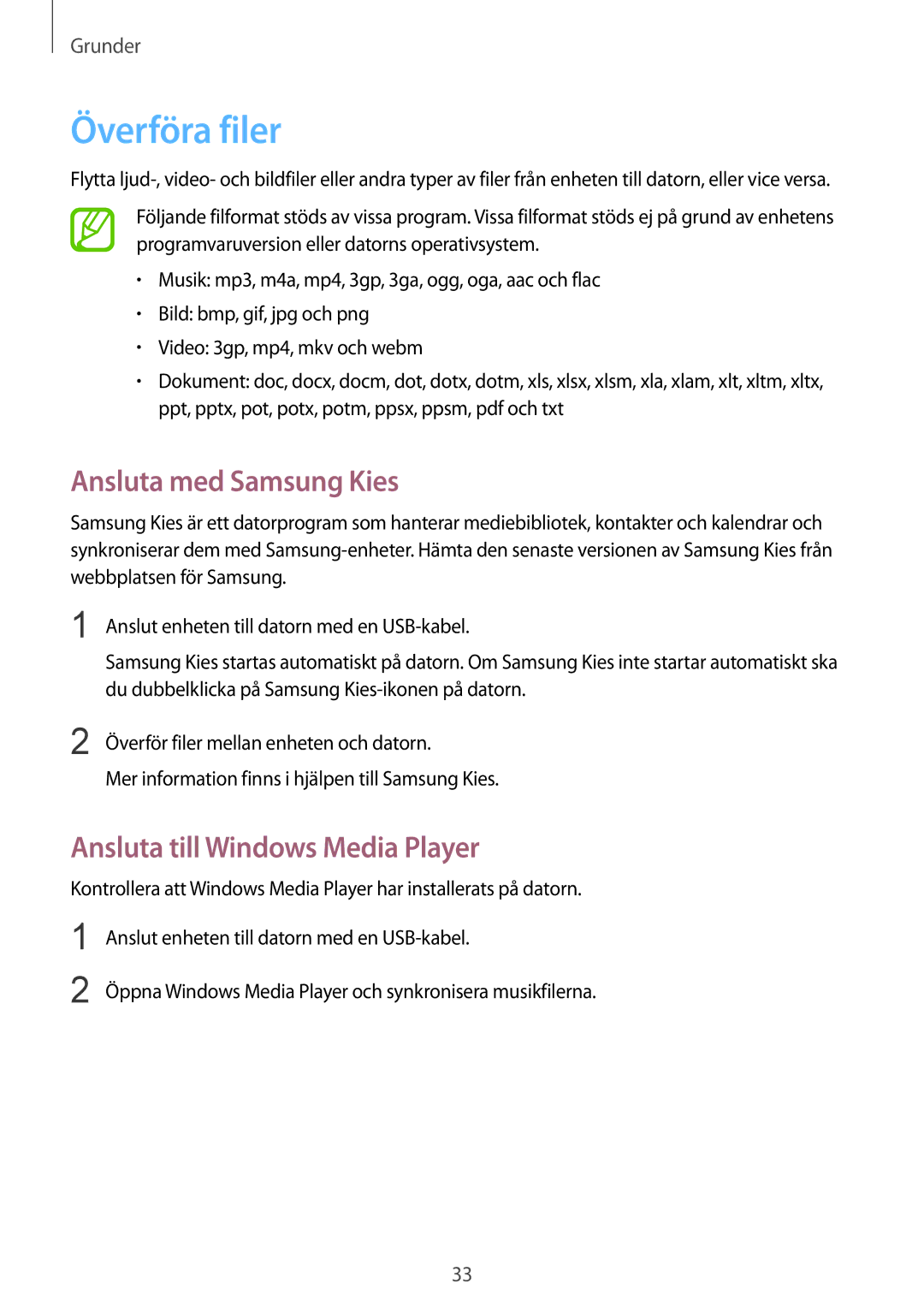 Samsung GT-S5310MSANEE, GT-S5310BKANEE manual Överföra filer, Ansluta med Samsung Kies, Ansluta till Windows Media Player 