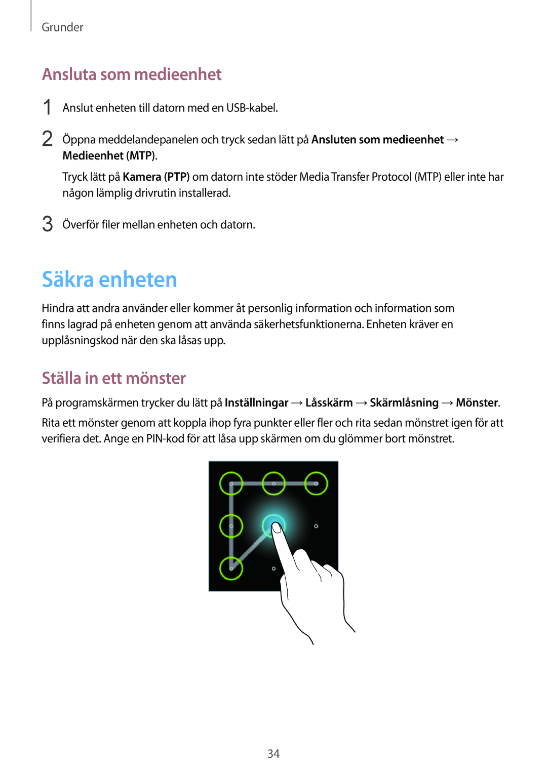 Samsung GT-S5310BKANEE, GT-S5310MSANEE manual Säkra enheten, Ansluta som medieenhet, Ställa in ett mönster, Medieenhet MTP 