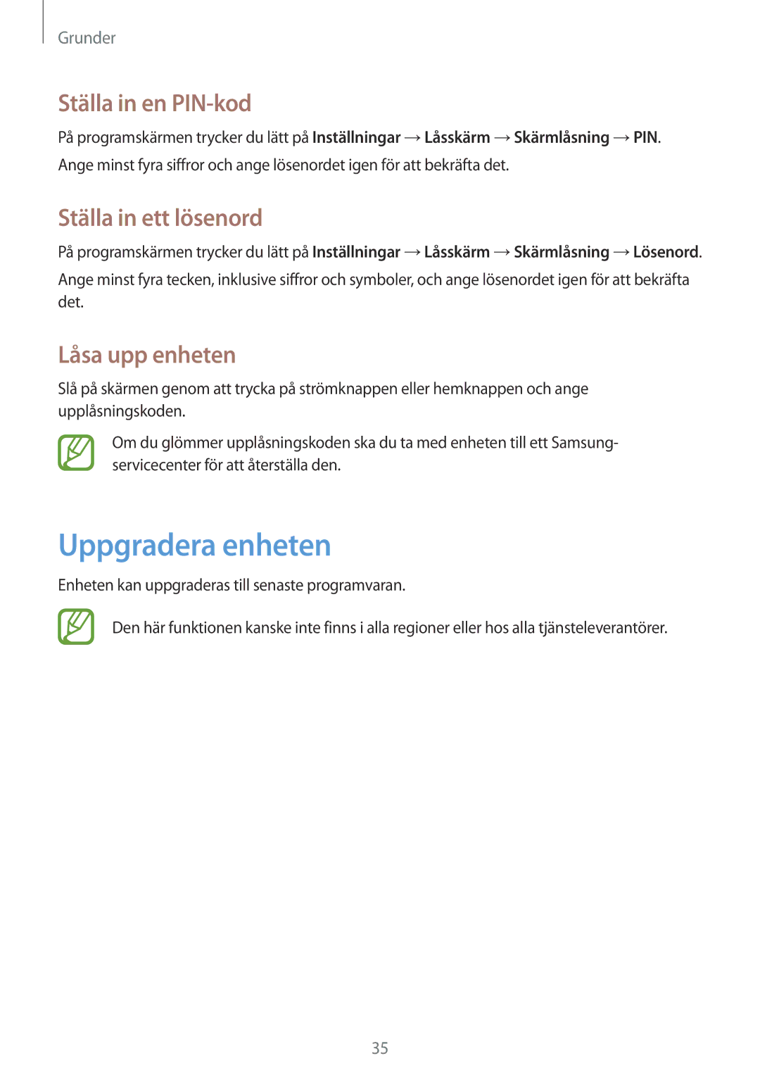 Samsung GT-S5310RWANEE, GT-S5310MSANEE Uppgradera enheten, Ställa in en PIN-kod, Ställa in ett lösenord, Låsa upp enheten 