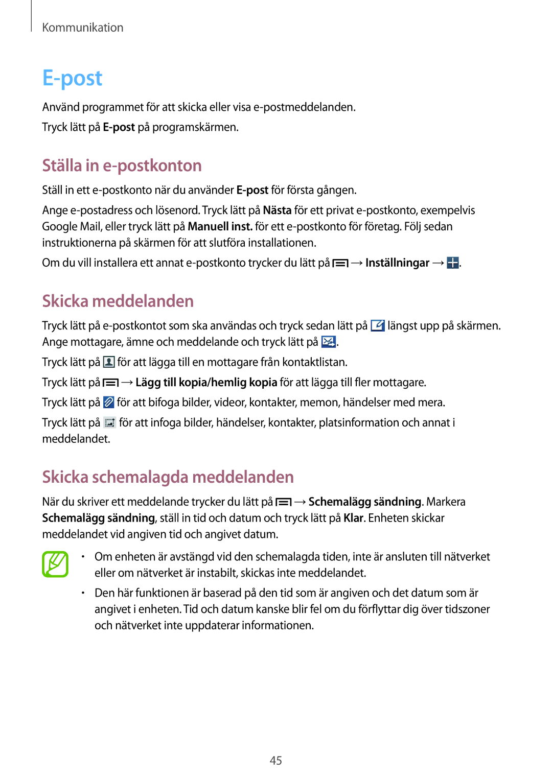 Samsung GT-S5310MSANEE, GT-S5310BKANEE, GT-S5310RWANEE manual Post, Ställa in e-postkonton, Skicka schemalagda meddelanden 
