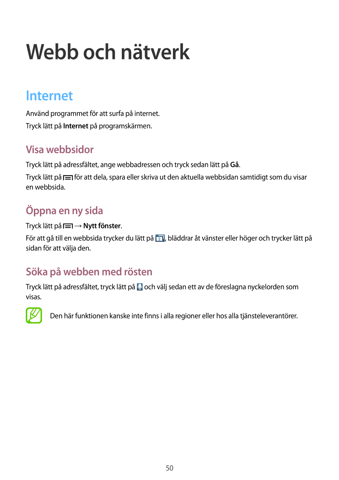 Samsung GT-S5310RWANEE manual Webb och nätverk, Internet, Visa webbsidor, Öppna en ny sida, Söka på webben med rösten 