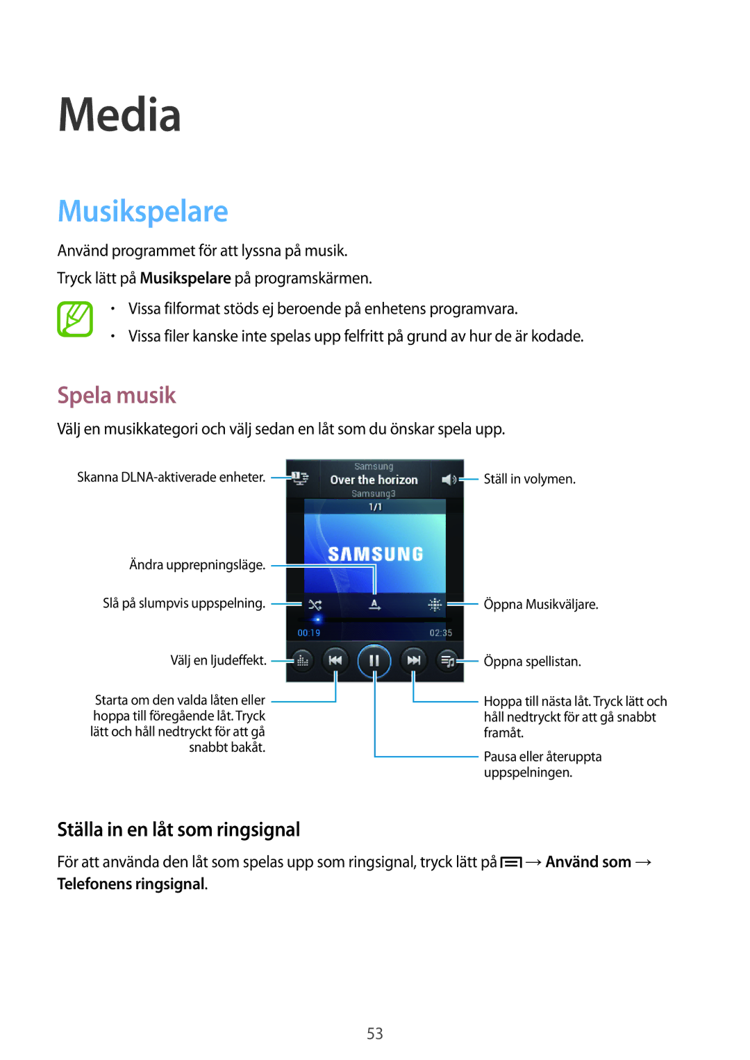 Samsung GT-S5310RWANEE manual Media, Musikspelare, Spela musik, Ställa in en låt som ringsignal, Telefonens ringsignal 