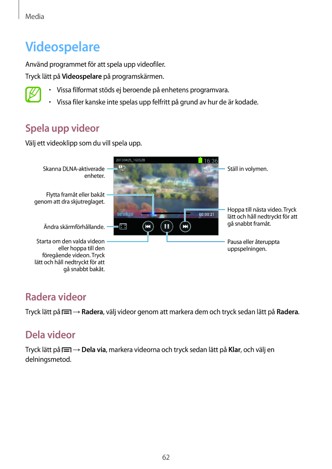 Samsung GT-S5310RWANEE, GT-S5310MSANEE, GT-S5310BKANEE manual Videospelare, Radera videor, Dela videor 