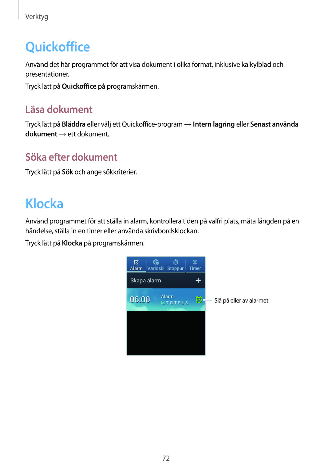 Samsung GT-S5310MSANEE, GT-S5310BKANEE, GT-S5310RWANEE manual Quickoffice, Klocka, Läsa dokument, Söka efter dokument 