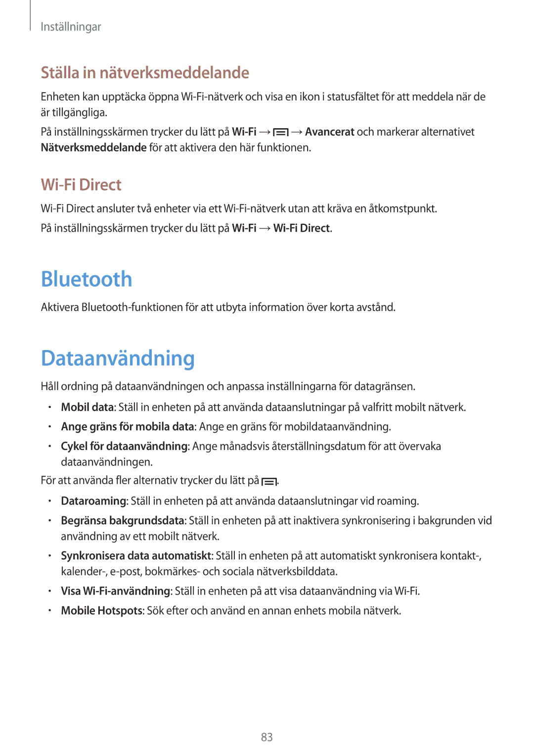 Samsung GT-S5310RWANEE, GT-S5310MSANEE, GT-S5310BKANEE manual Dataanvändning, Ställa in nätverksmeddelande, Wi-Fi Direct 
