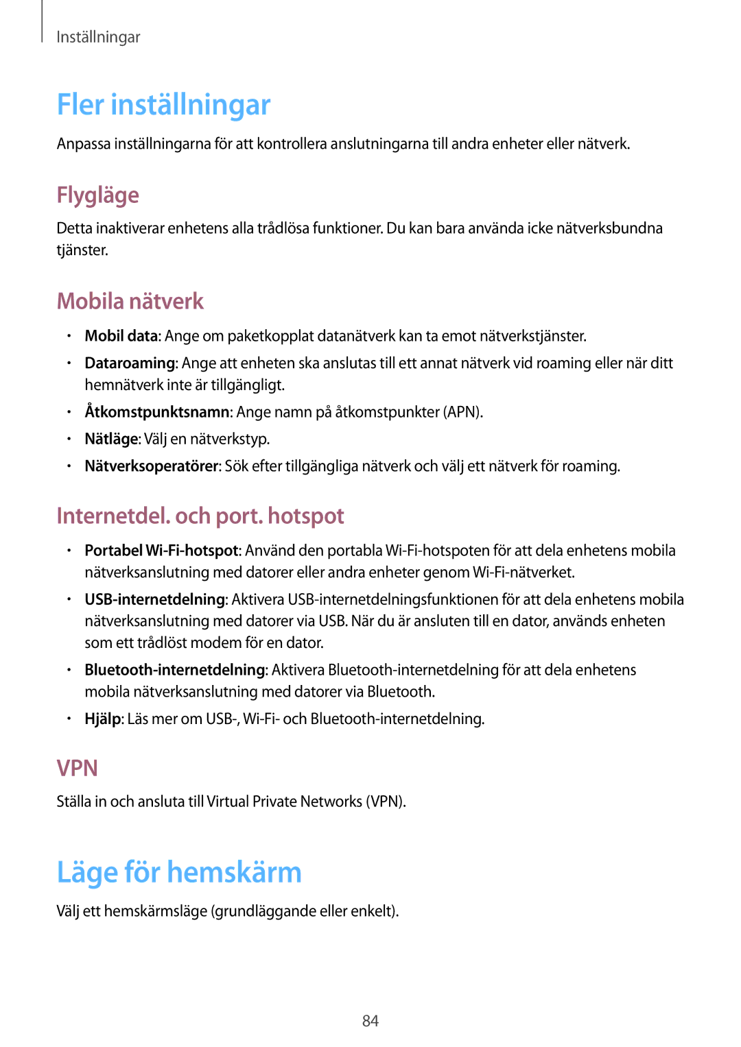 Samsung GT-S5310MSANEE Fler inställningar, Läge för hemskärm, Flygläge, Mobila nätverk, Internetdel. och port. hotspot 