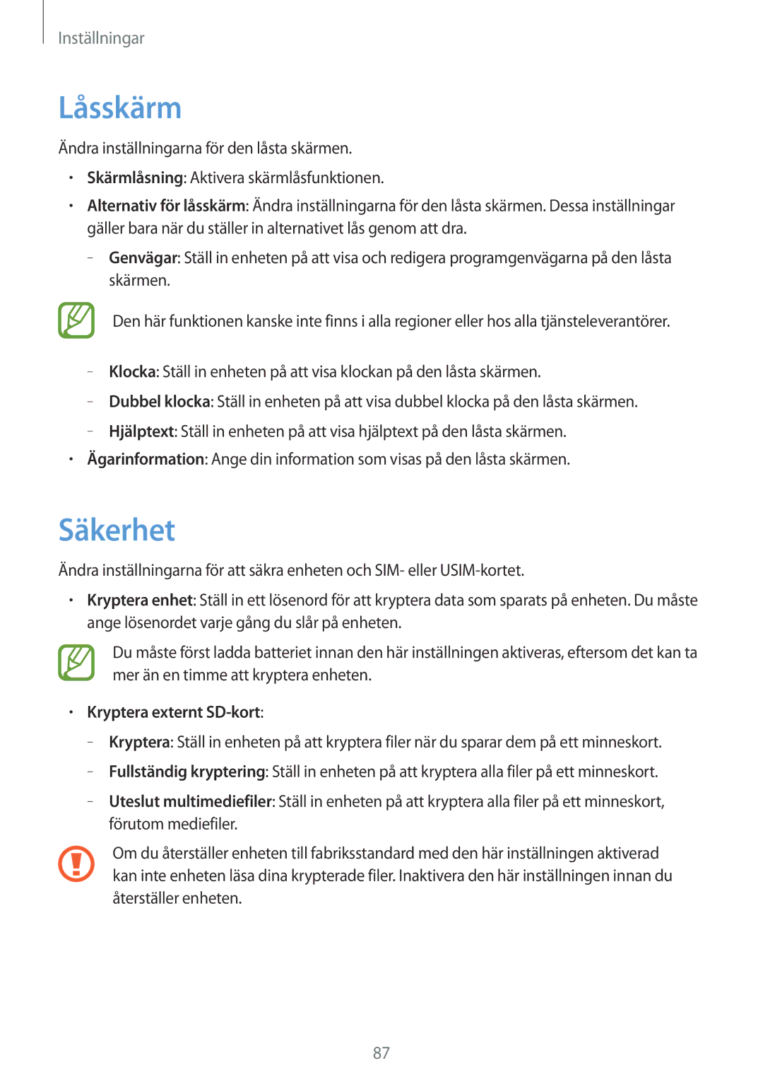 Samsung GT-S5310MSANEE, GT-S5310BKANEE, GT-S5310RWANEE manual Låsskärm, Säkerhet, Kryptera externt SD-kort 