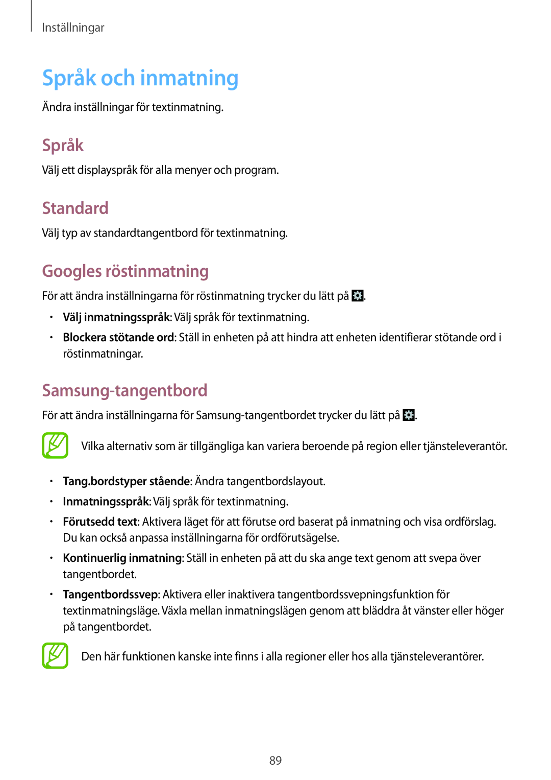 Samsung GT-S5310RWANEE, GT-S5310MSANEE manual Språk och inmatning, Standard, Googles röstinmatning, Samsung-tangentbord 