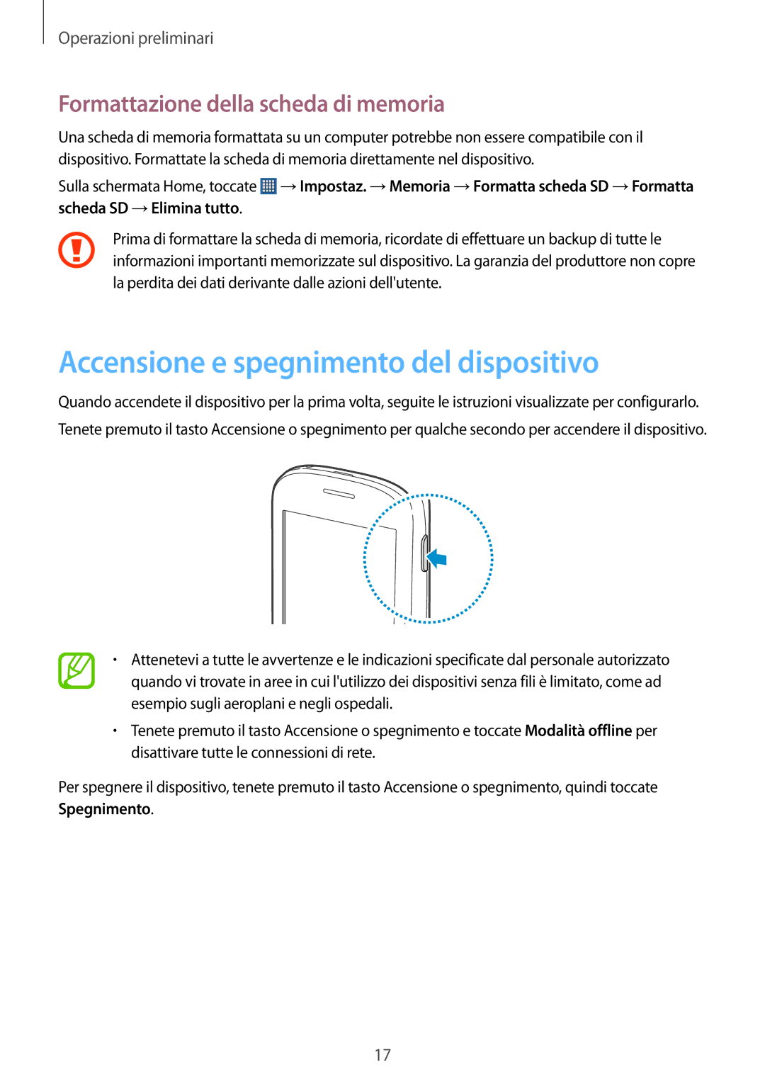 Samsung GT-S5310RWAWIN, GT-S5310MSAWIN Accensione e spegnimento del dispositivo, Formattazione della scheda di memoria 