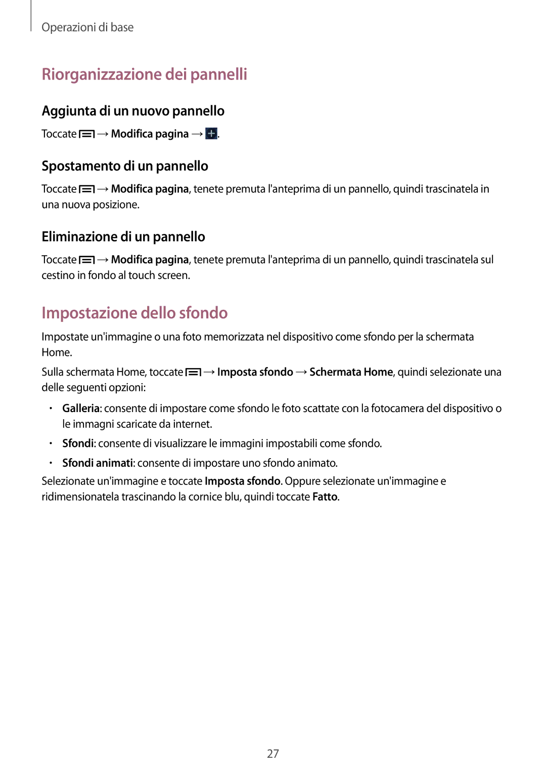 Samsung GT-S5310MSAITV manual Riorganizzazione dei pannelli, Impostazione dello sfondo, Aggiunta di un nuovo pannello 