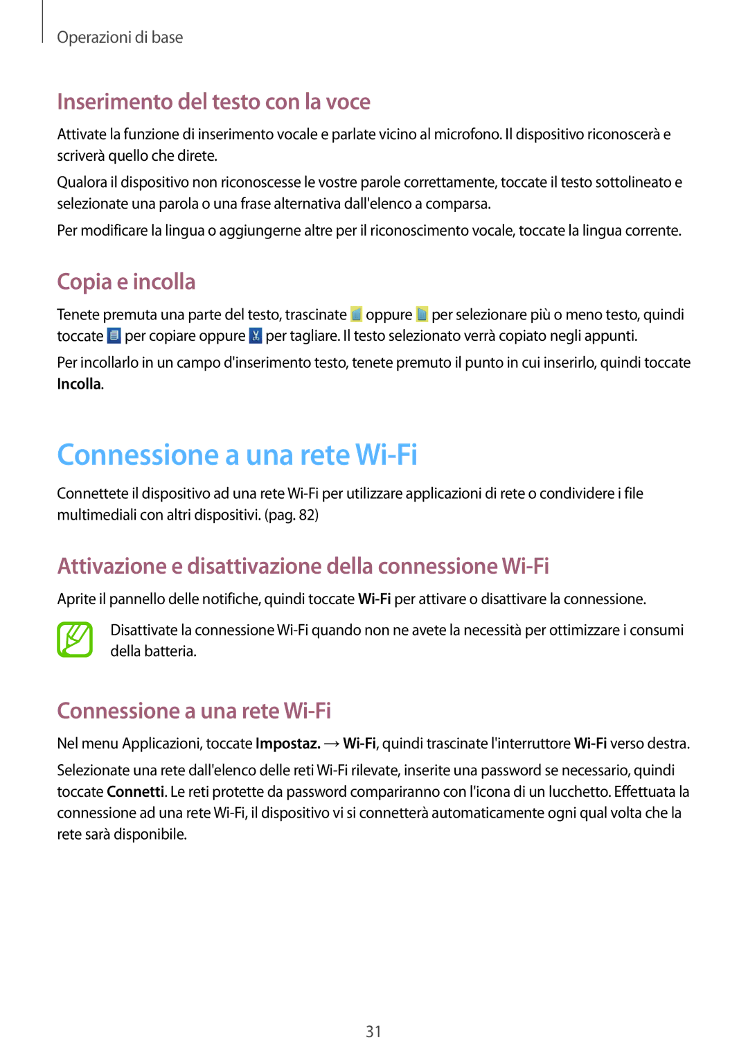 Samsung GT-S5310MSAOMN, GT-S5310MSAWIN Connessione a una rete Wi-Fi, Inserimento del testo con la voce, Copia e incolla 