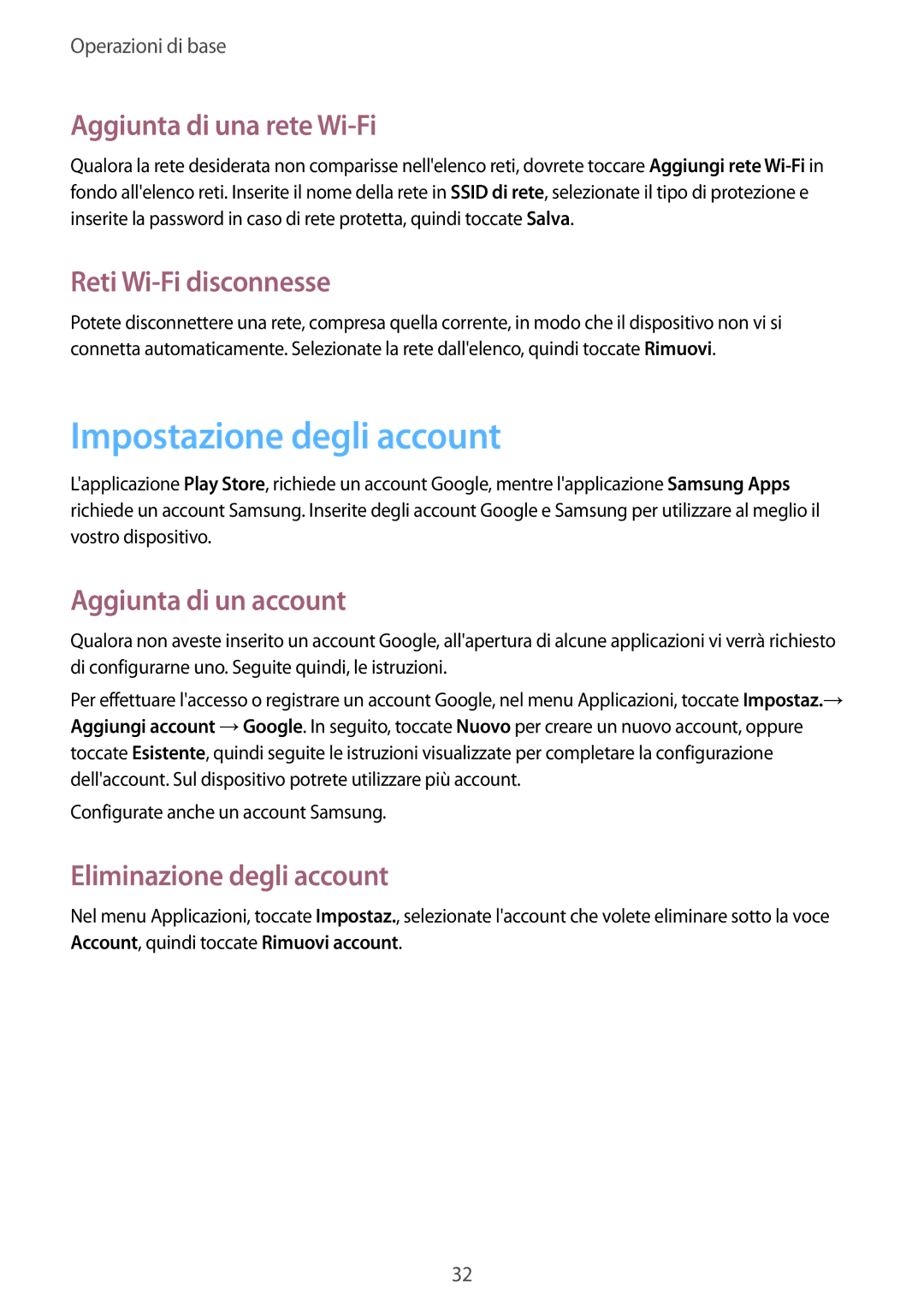 Samsung GT-S5310MSAWIN, GT-S5310RWAWIN manual Impostazione degli account, Aggiunta di una rete Wi-Fi, Reti Wi-Fi disconnesse 