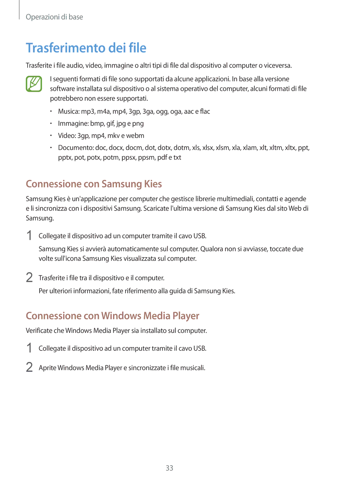 Samsung GT-S5310RWAWIN manual Trasferimento dei file, Connessione con Samsung Kies, Connessione con Windows Media Player 