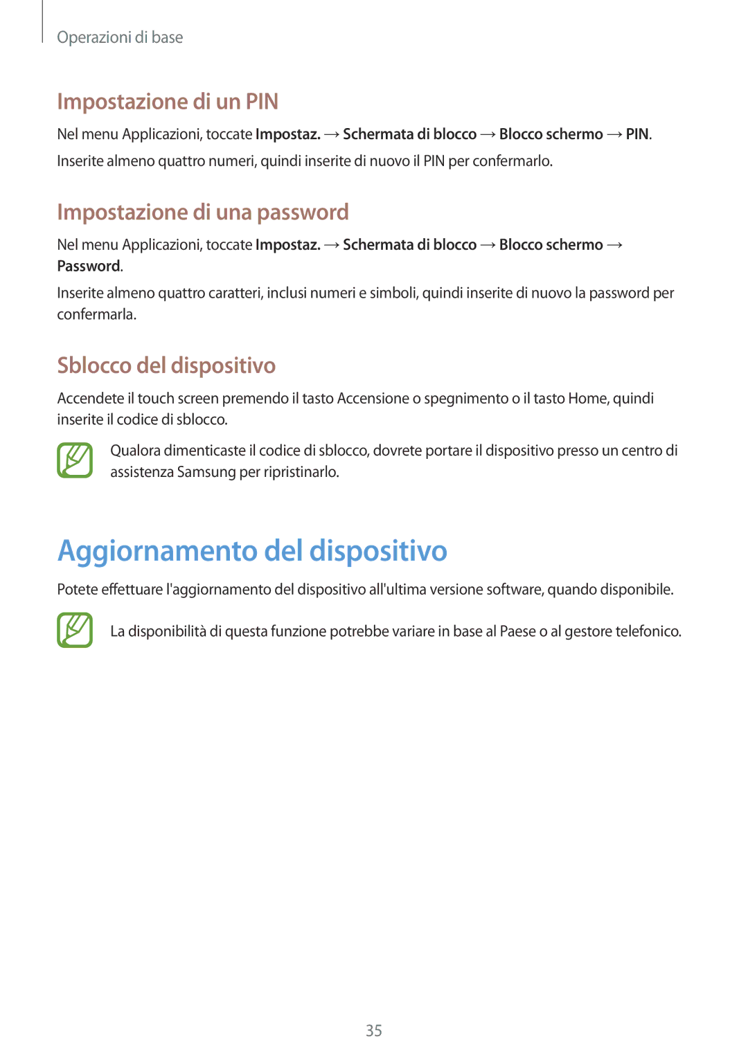 Samsung GT-S5310MSAITV, GT-S5310MSAWIN Aggiornamento del dispositivo, Impostazione di un PIN, Impostazione di una password 