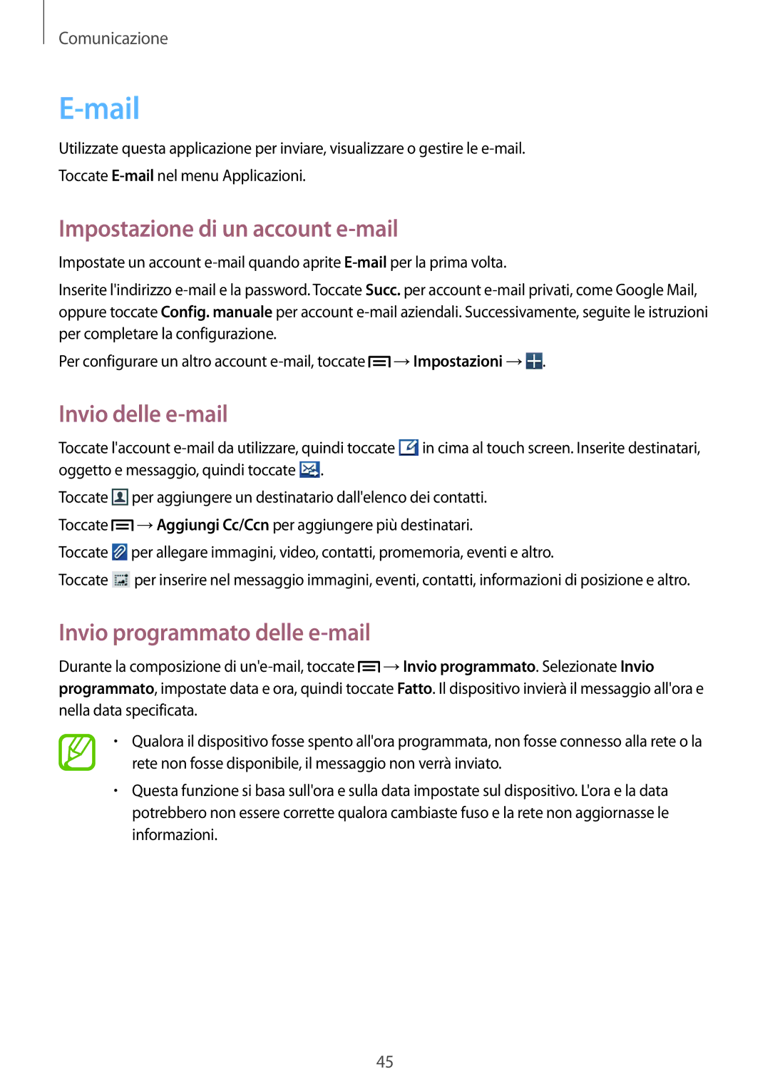 Samsung GT-S5310RWVOMN manual Mail, Impostazione di un account e-mail, Invio delle e-mail, Invio programmato delle e-mail 