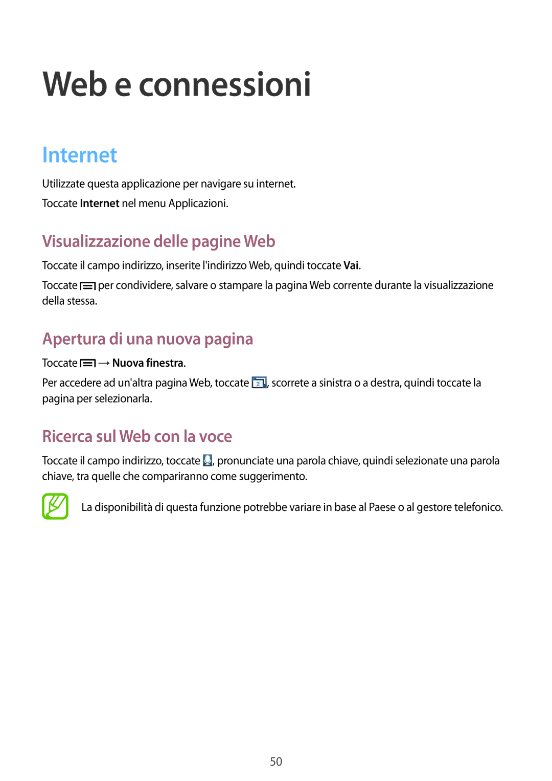 Samsung GT-S5310MSATUR manual Web e connessioni, Internet, Visualizzazione delle pagine Web, Apertura di una nuova pagina 