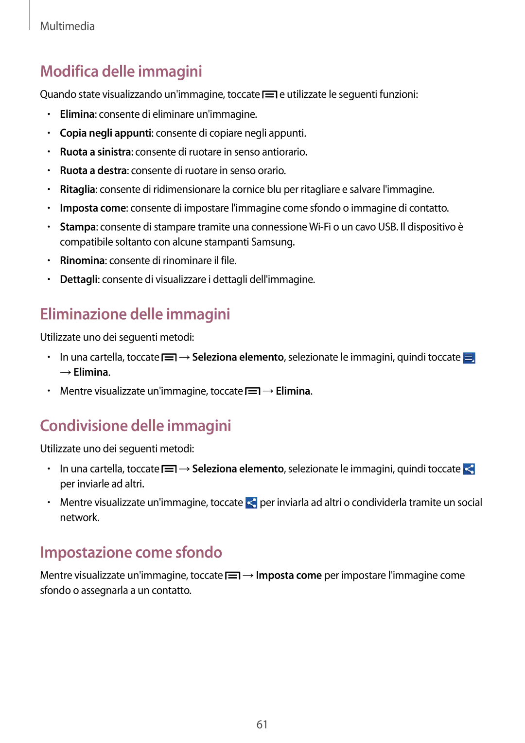 Samsung GT-S5310RWVOMN manual Modifica delle immagini, Eliminazione delle immagini, Condivisione delle immagini, →Elimina 