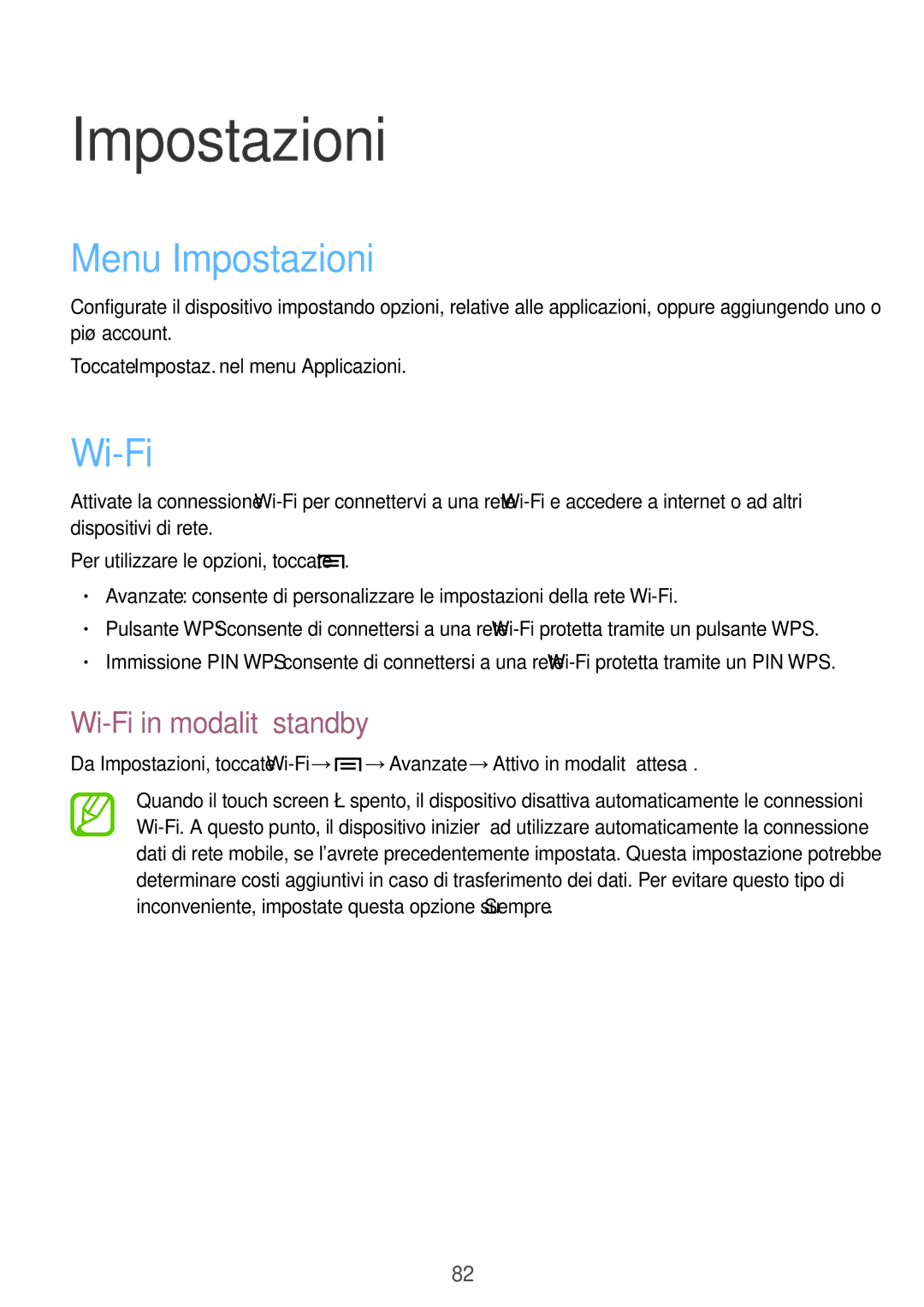 Samsung GT-S5310MSATUR, GT-S5310MSAWIN, GT-S5310RWAWIN, GT-S5310MSAITV Menu Impostazioni, Wi-Fi in modalità standby 