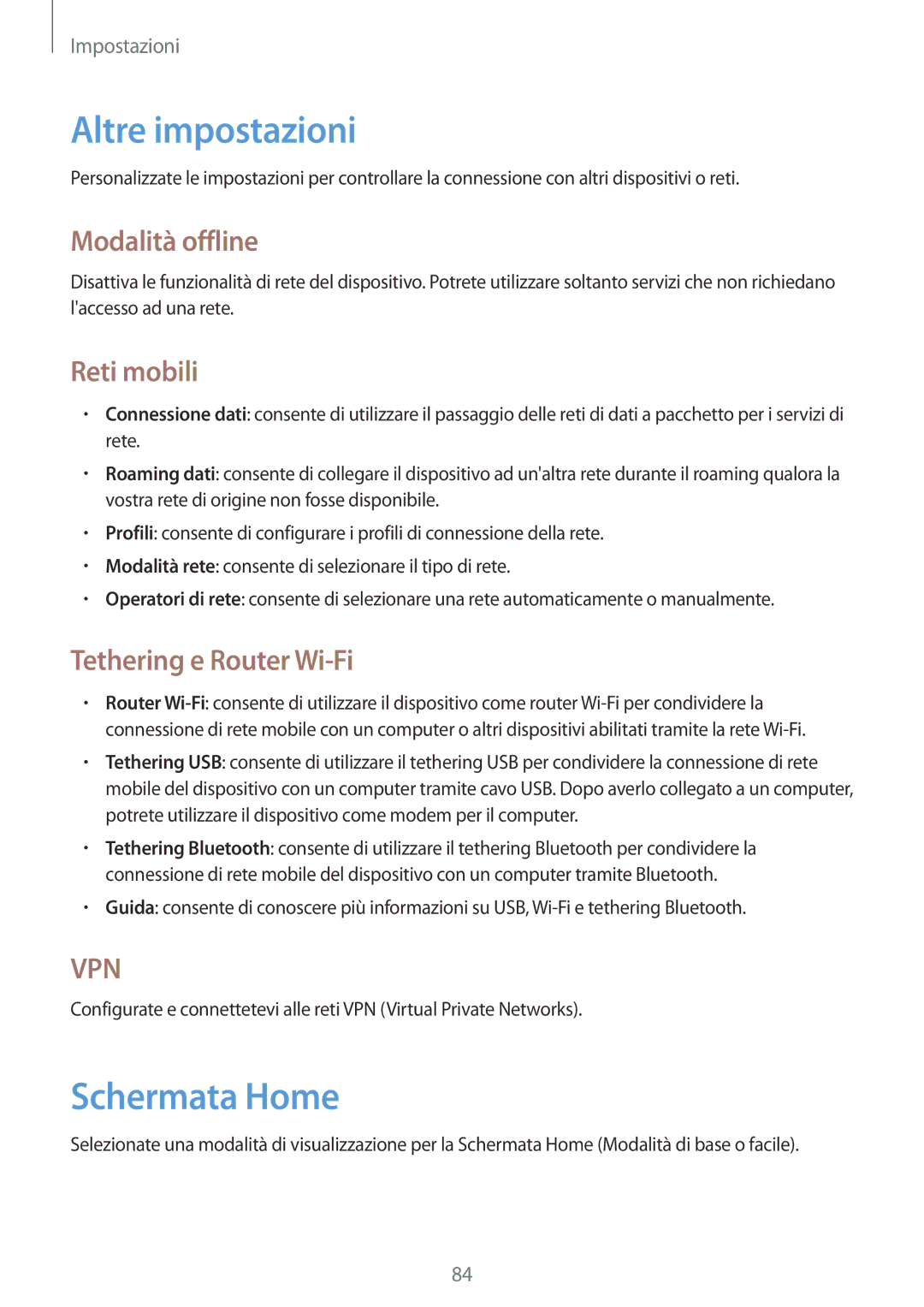 Samsung GT-S5310RWAOMN, GT-S5310MSAWIN manual Altre impostazioni, Modalità offline, Reti mobili, Tethering e Router Wi-Fi 