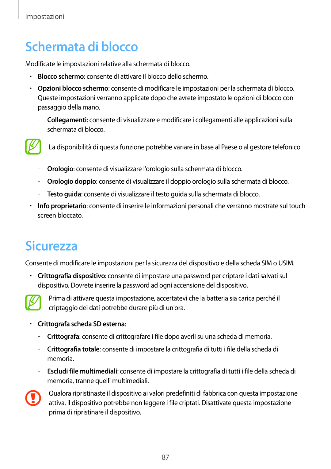 Samsung GT-S5310MSAOMN, GT-S5310MSAWIN, GT-S5310RWAWIN manual Schermata di blocco, Sicurezza, Crittografa scheda SD esterna 