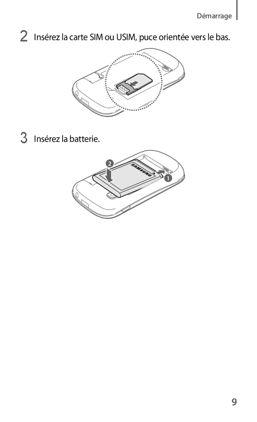 Samsung GT-S5310RWAXEF, GT-S5310MSAXEF manual Insérez la batterie 