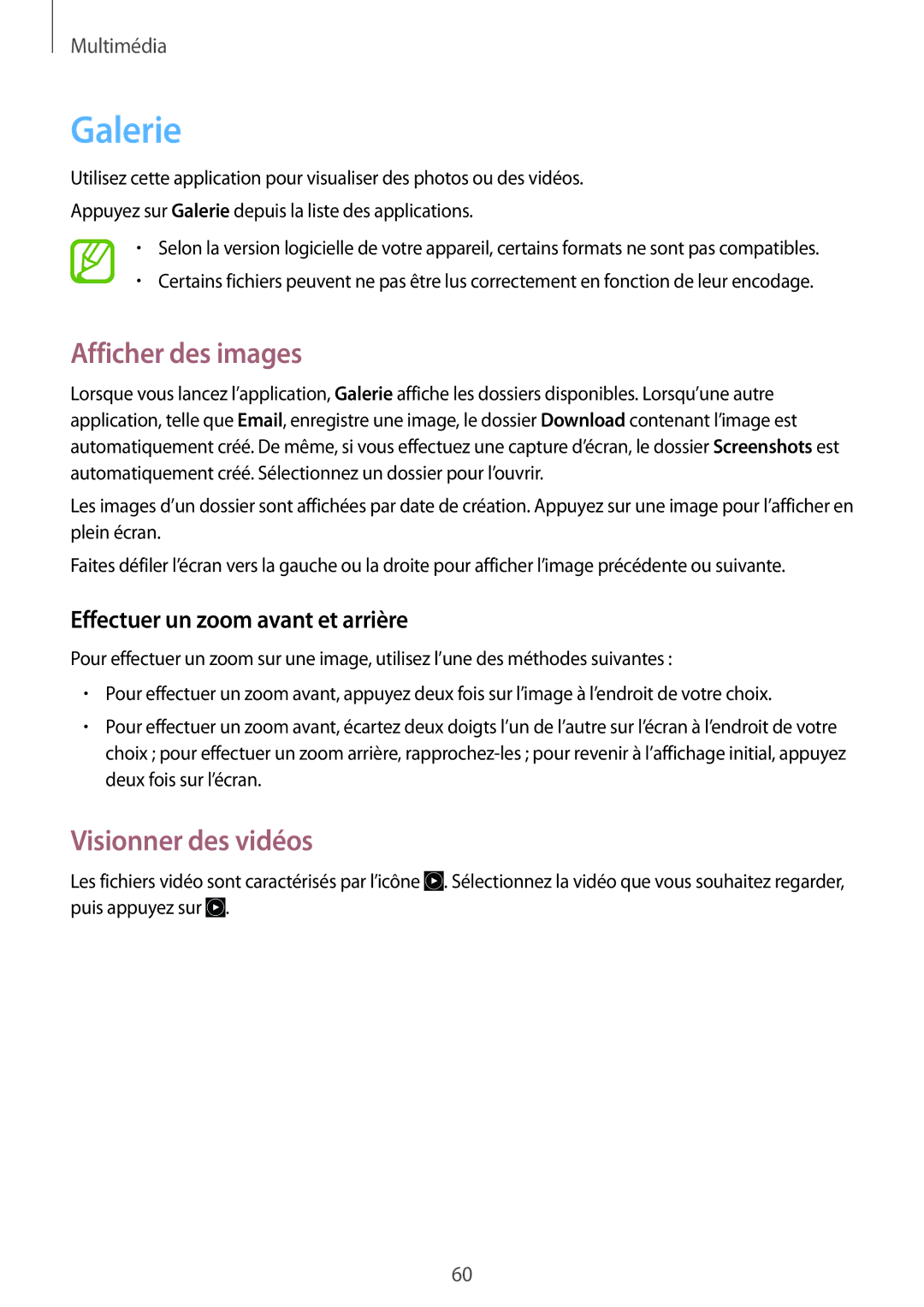 Samsung GT-S5310MSAXEF manual Galerie, Afficher des images, Visionner des vidéos, Effectuer un zoom avant et arrière 