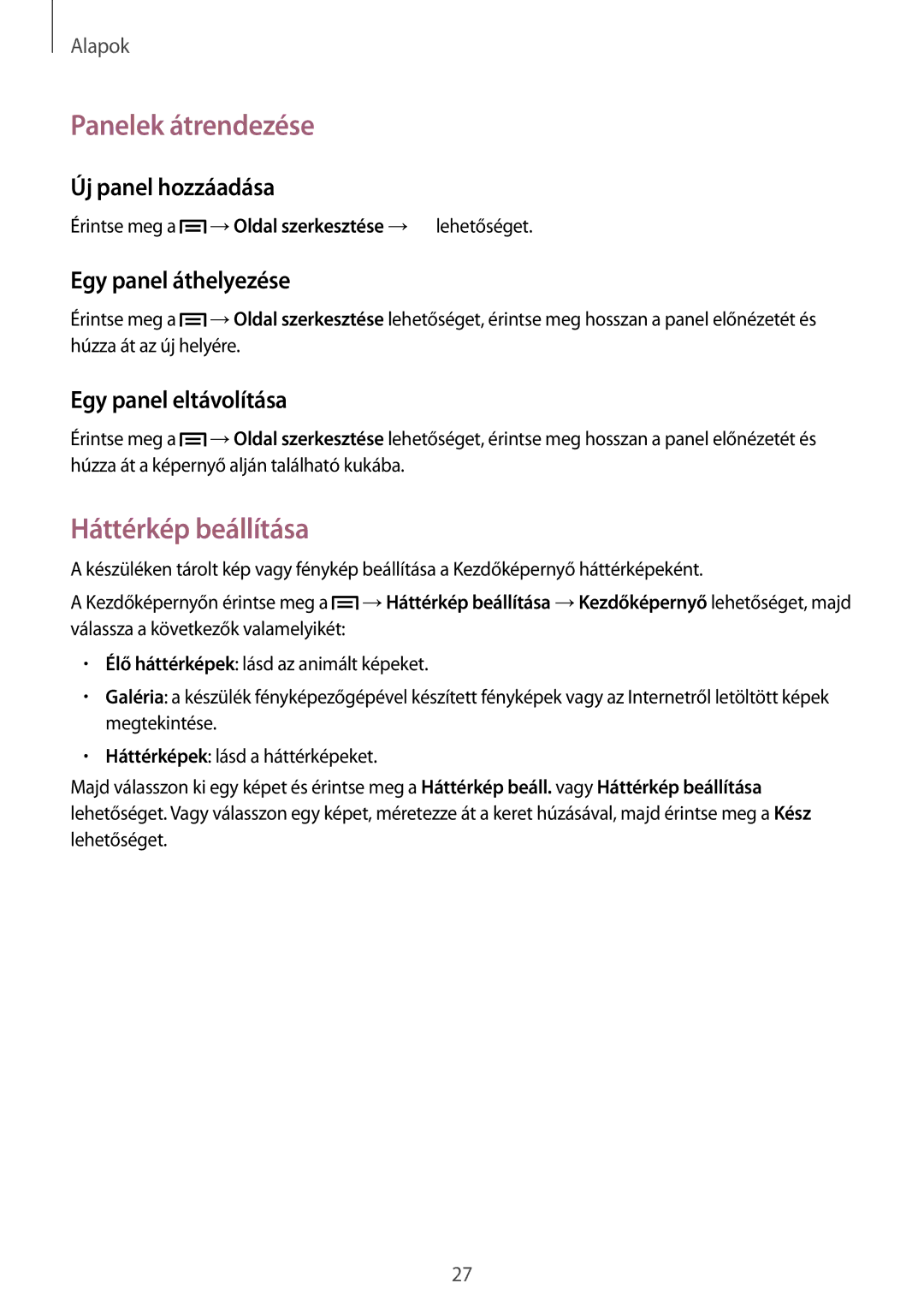 Samsung GT-S5310MSVVDH manual Panelek átrendezése, Háttérkép beállítása, Új panel hozzáadása, Egy panel áthelyezése 