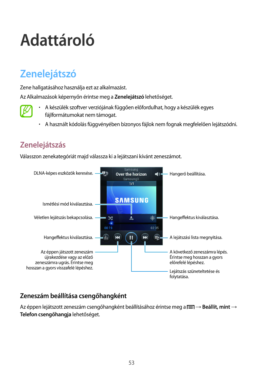 Samsung GT-S5310BKAXEH, GT-S5310RWADBT manual Adattároló, Zenelejátszó, Zenelejátszás, Zeneszám beállítása csengőhangként 