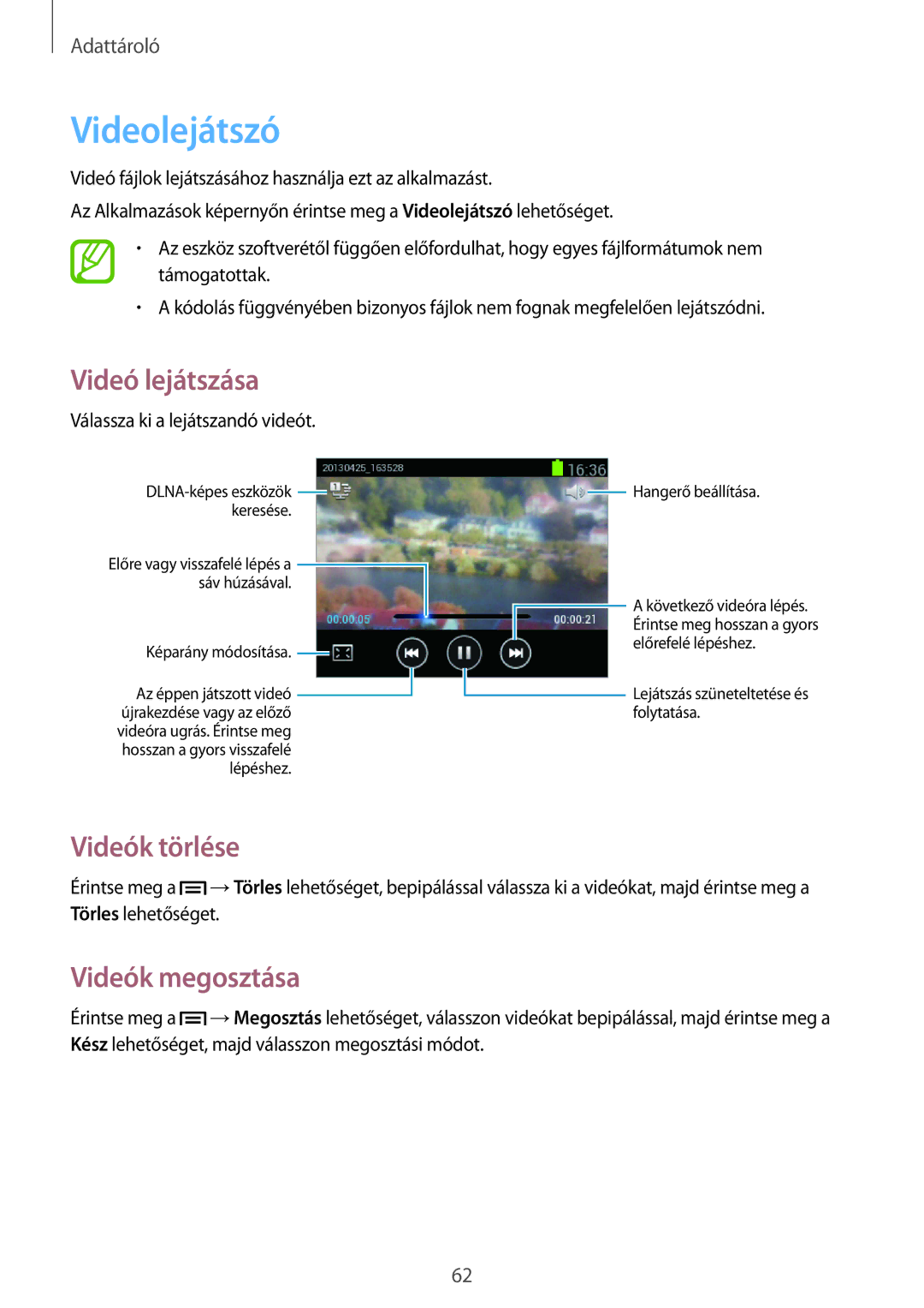 Samsung GT-S5310RWAVVT, GT-S5310RWADBT, GT-S5310BKACOS, GT-S5310RWACOS manual Videolejátszó, Videók törlése, Videók megosztása 