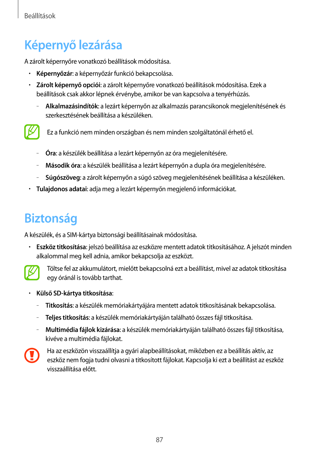 Samsung GT-S5310RWADBT, GT-S5310BKACOS, GT-S5310RWACOS manual Képernyő lezárása, Biztonság, Külső SD-kártya titkosítása 