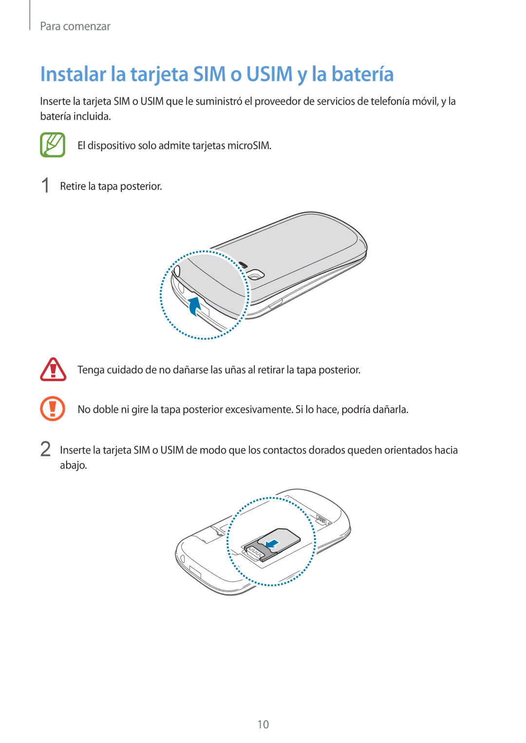 Samsung GT-S5310BKAOPT, GT-S5310RWAOPT, GT-S5310MSAPHE manual Instalar la tarjeta SIM o Usim y la batería 