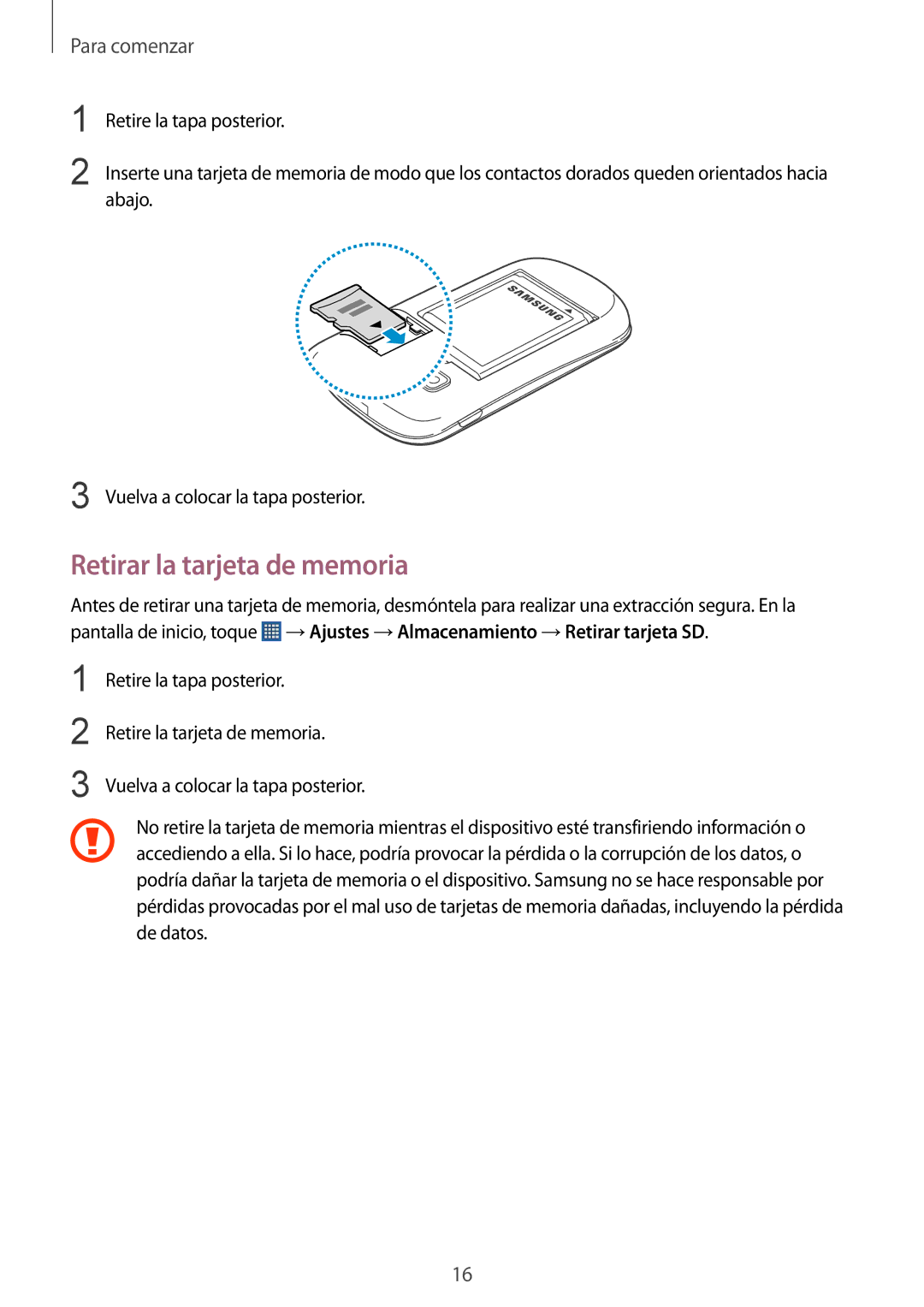 Samsung GT-S5310BKAOPT, GT-S5310RWAOPT, GT-S5310MSAPHE manual Retirar la tarjeta de memoria 