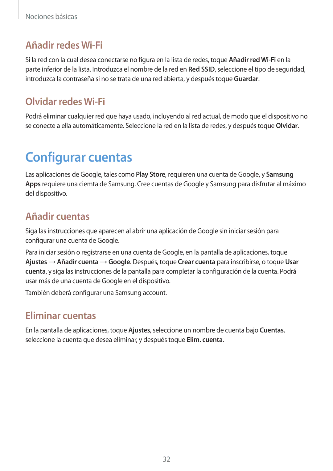 Samsung GT-S5310MSAPHE manual Configurar cuentas, Añadir redes Wi-Fi, Olvidar redes Wi-Fi, Añadir cuentas, Eliminar cuentas 
