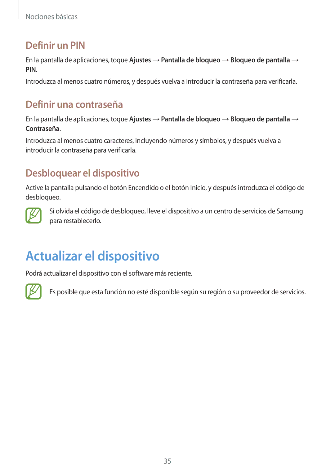 Samsung GT-S5310MSAPHE manual Actualizar el dispositivo, Definir un PIN, Definir una contraseña, Desbloquear el dispositivo 