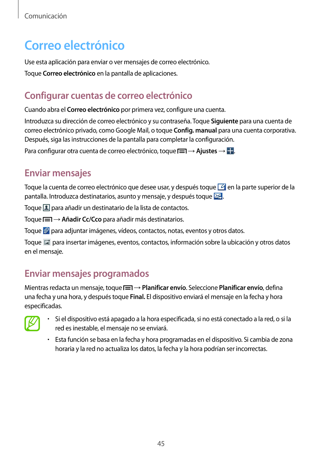 Samsung GT-S5310RWAOPT manual Correo electrónico, Configurar cuentas de correo electrónico, Enviar mensajes programados 