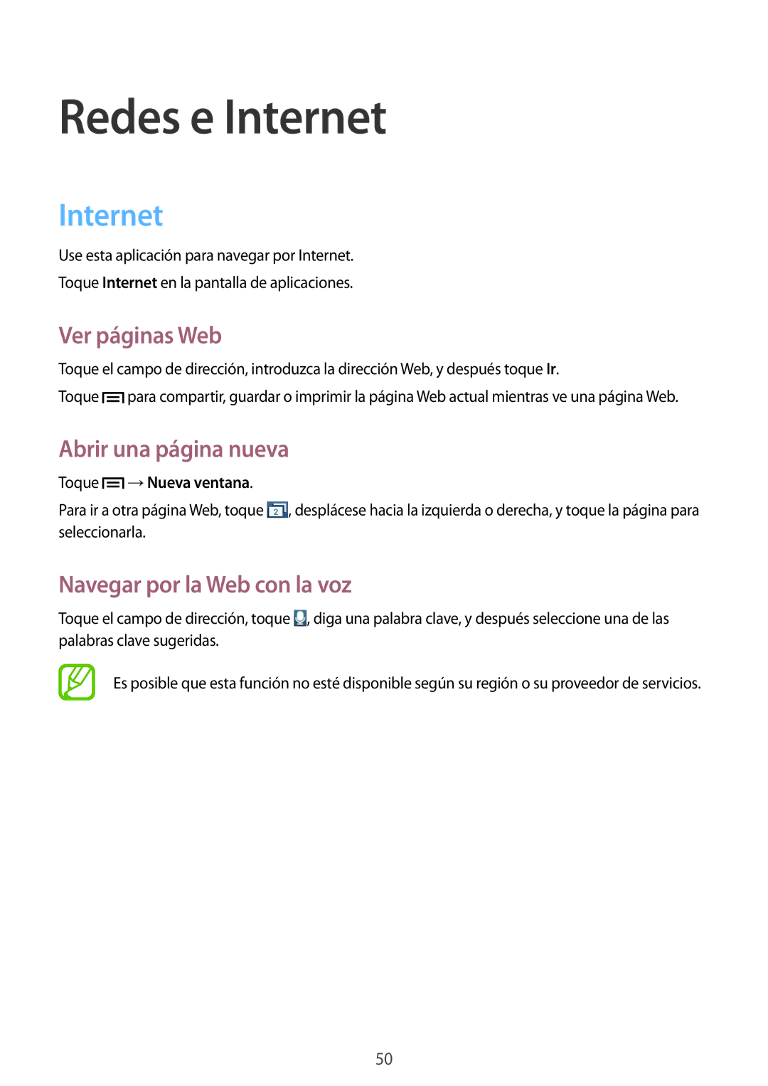 Samsung GT-S5310MSAPHE manual Redes e Internet, Ver páginas Web, Abrir una página nueva, Navegar por la Web con la voz 