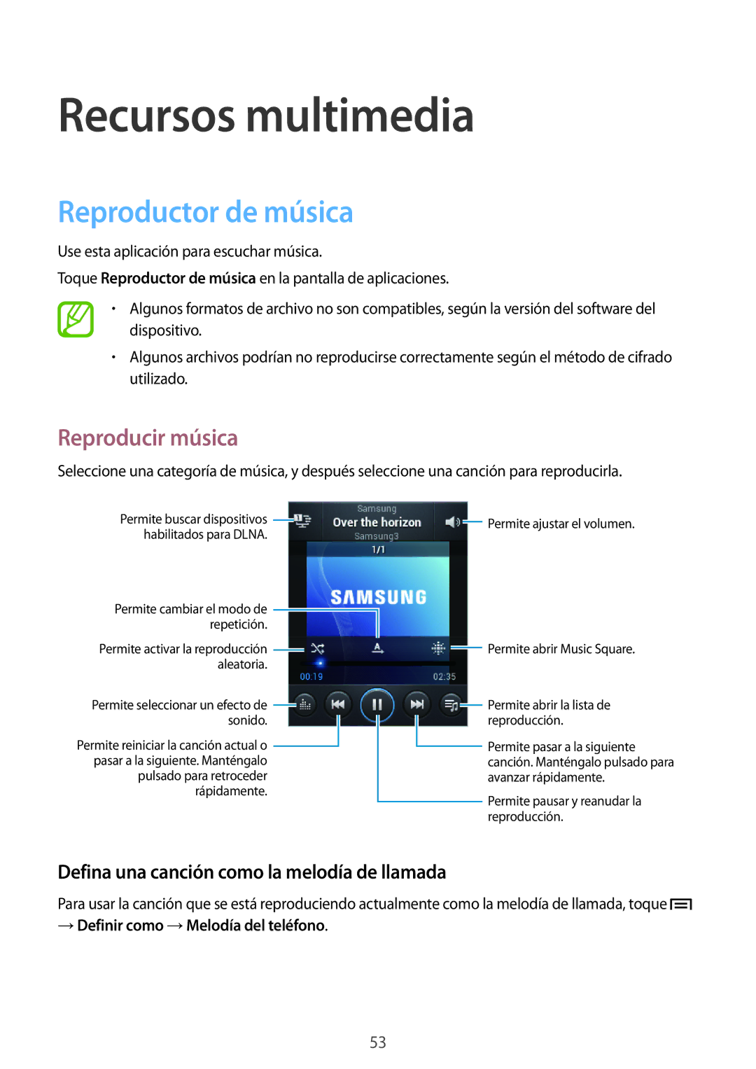 Samsung GT-S5310MSAPHE Recursos multimedia, Reproductor de música, Reproducir música, → Definir como →Melodía del teléfono 