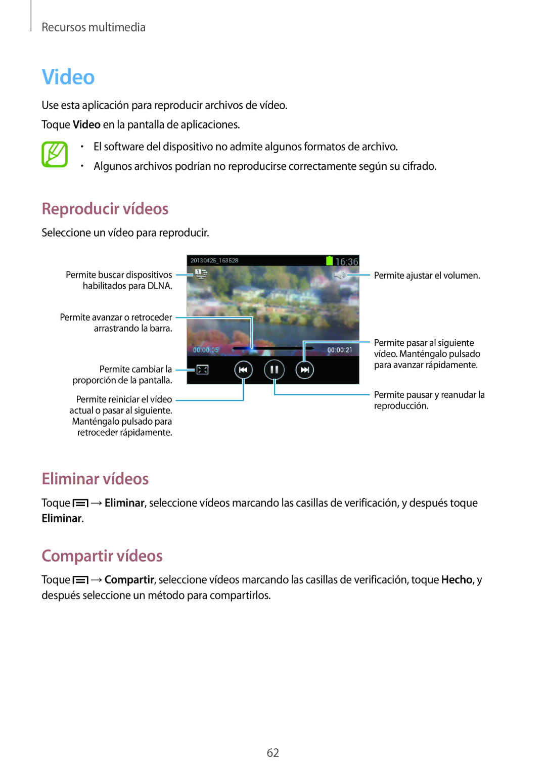 Samsung GT-S5310MSAPHE, GT-S5310RWAOPT, GT-S5310BKAOPT manual Video, Eliminar vídeos, Compartir vídeos 