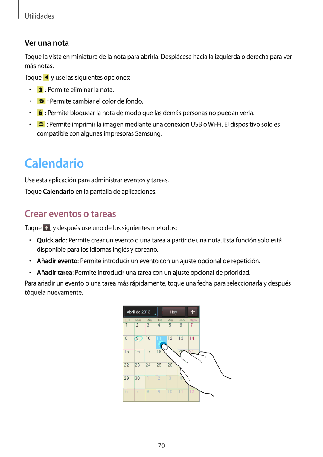 Samsung GT-S5310BKAOPT, GT-S5310RWAOPT, GT-S5310MSAPHE manual Calendario, Crear eventos o tareas, Ver una nota 