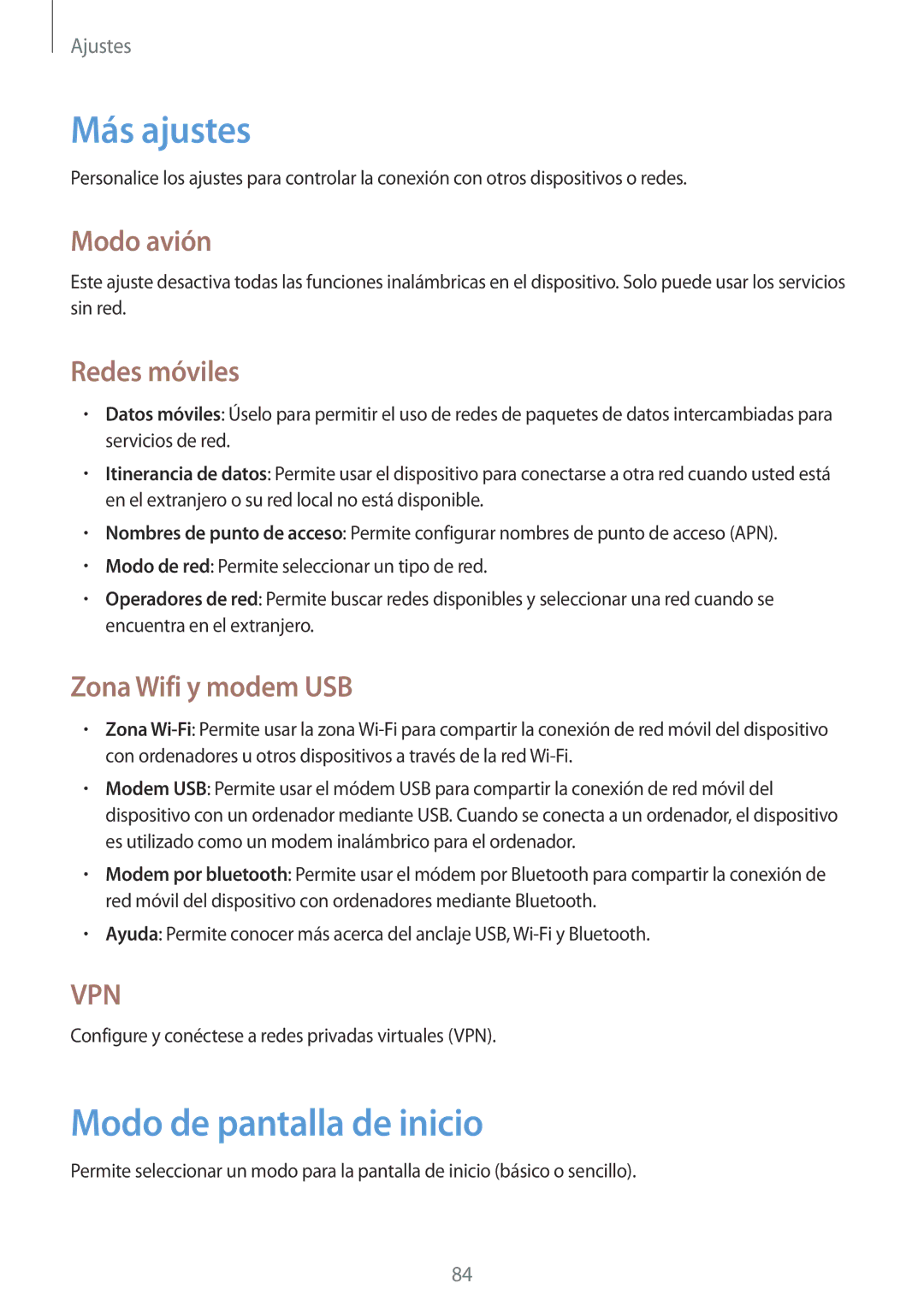 Samsung GT-S5310RWAOPT manual Más ajustes, Modo de pantalla de inicio, Modo avión, Redes móviles, Zona Wifi y modem USB 