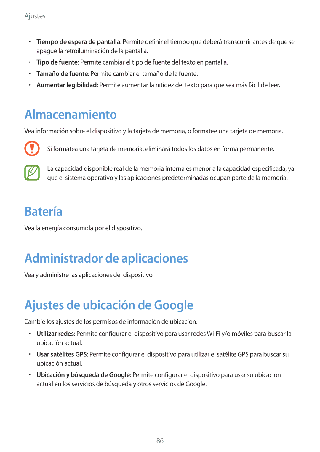 Samsung GT-S5310MSAPHE manual Almacenamiento, Batería, Administrador de aplicaciones, Ajustes de ubicación de Google 