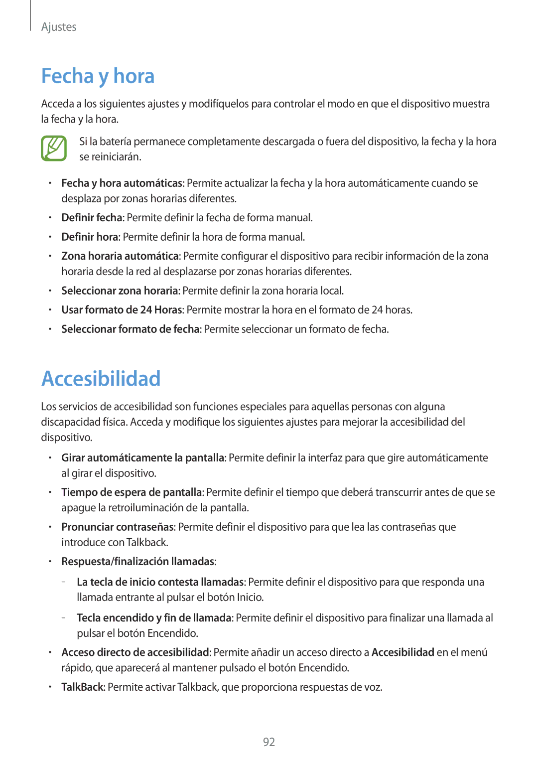 Samsung GT-S5310MSAPHE, GT-S5310RWAOPT, GT-S5310BKAOPT manual Fecha y hora, Accesibilidad, Respuesta/finalización llamadas 