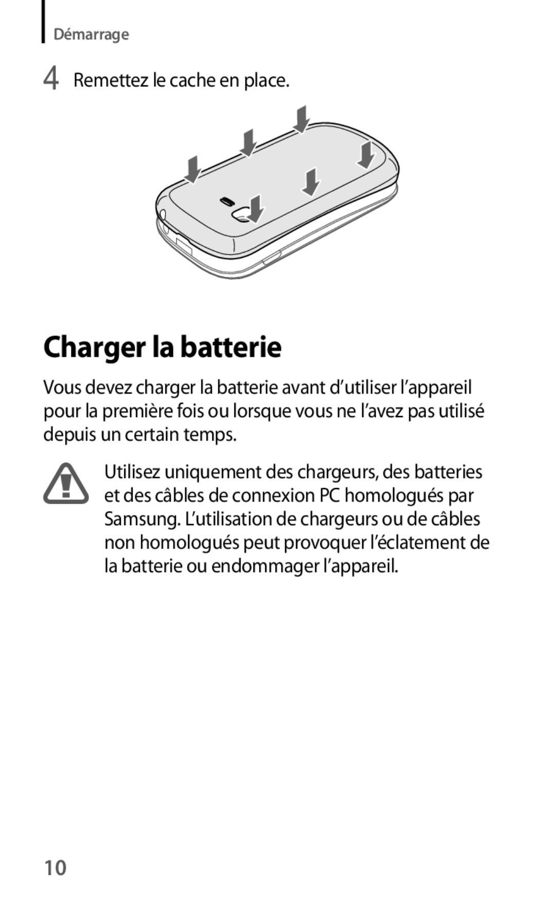 Samsung GT-S5310RWGFTM, GT-S5310BKGFTM manual Charger la batterie 