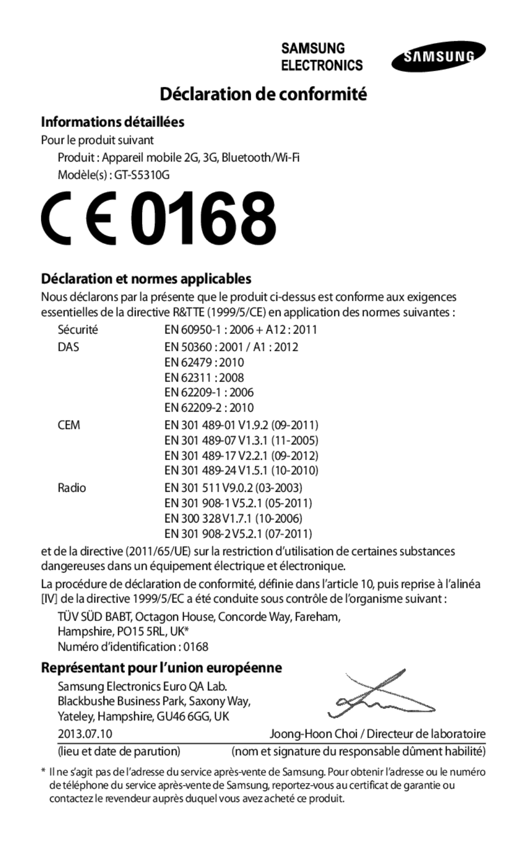 Samsung GT-S5310BKGFTM, GT-S5310RWGFTM manual Déclaration de conformité 