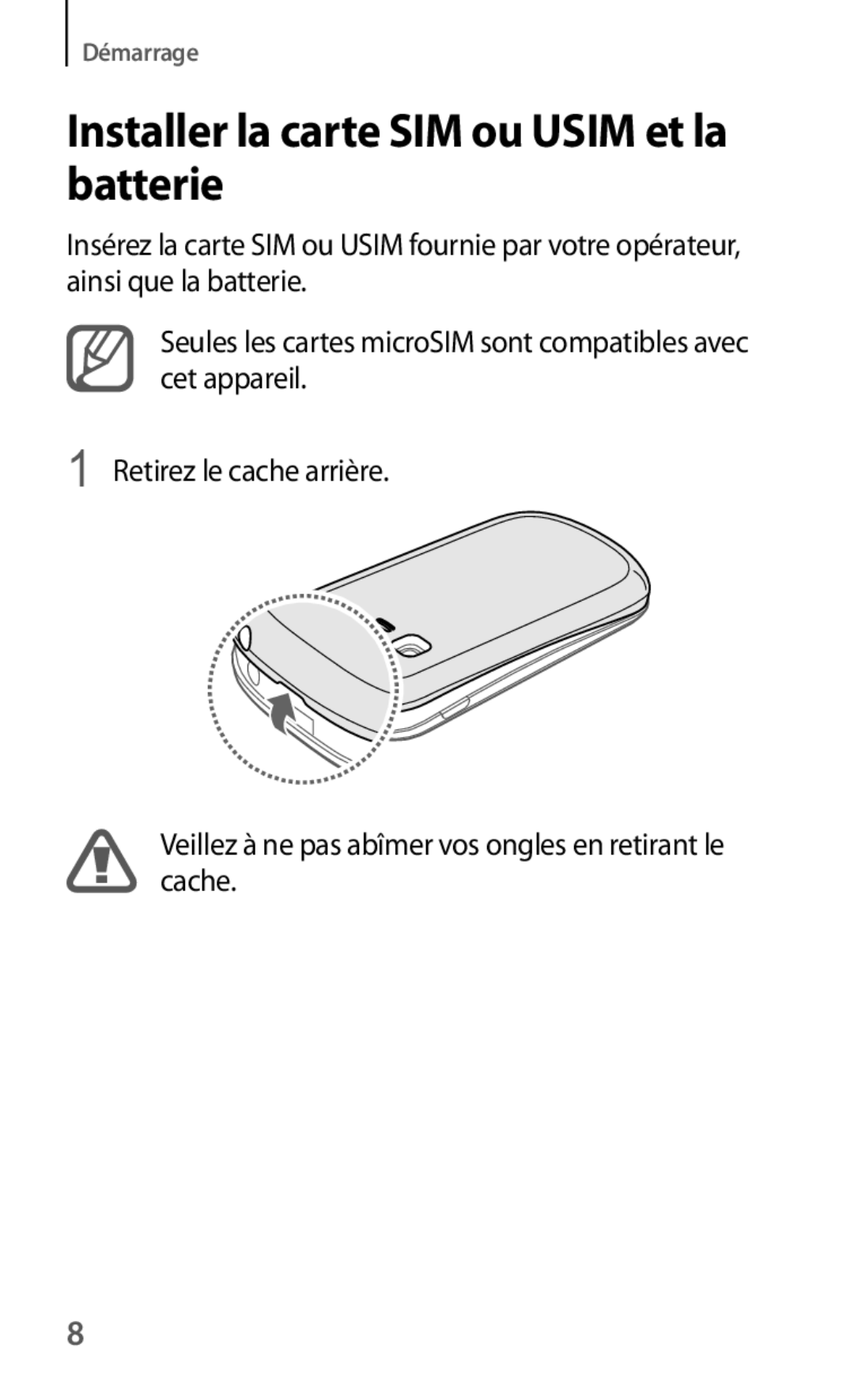 Samsung GT-S5310RWGFTM, GT-S5310BKGFTM manual Installer la carte SIM ou Usim et la batterie 