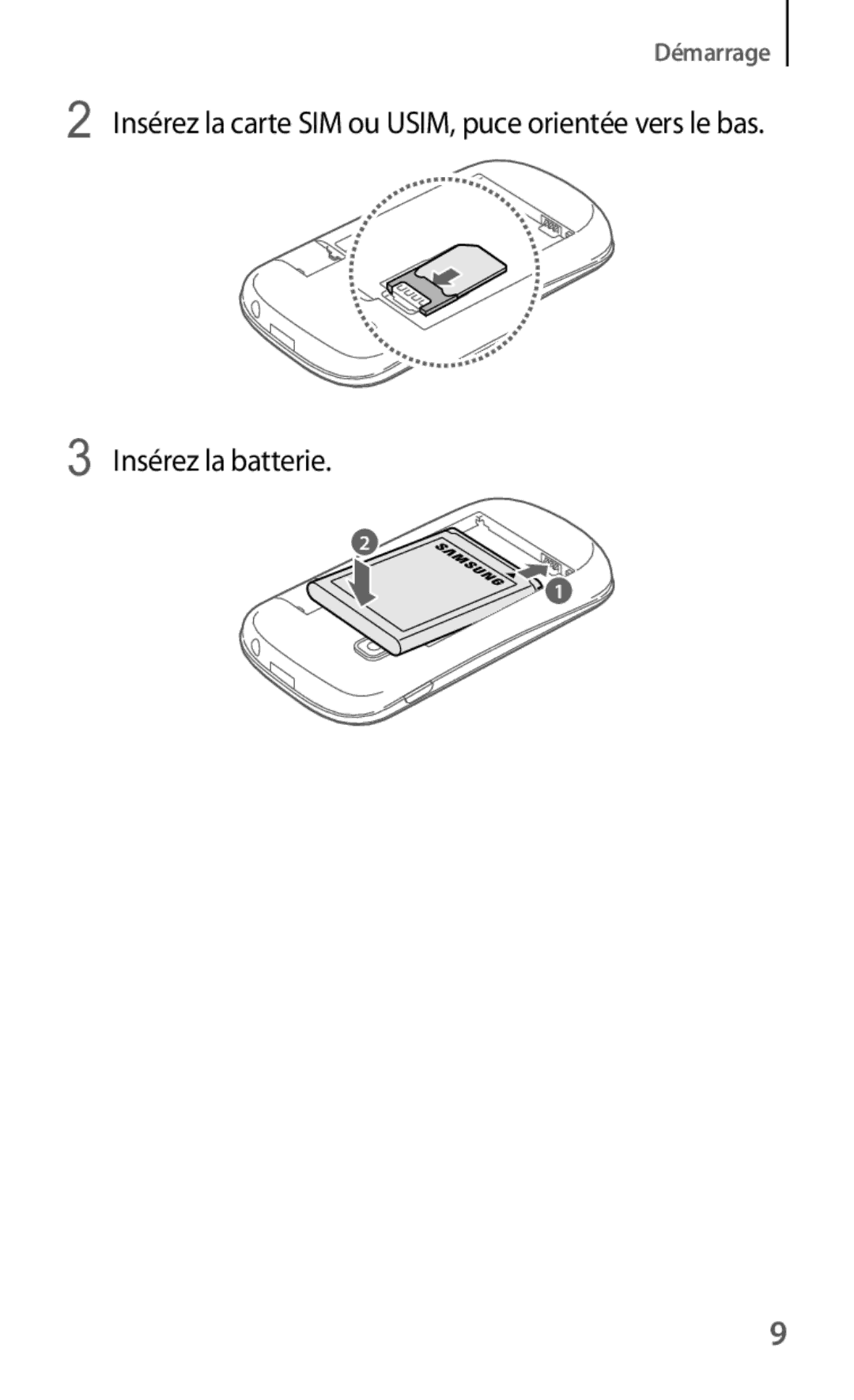 Samsung GT-S5310BKGFTM, GT-S5310RWGFTM manual Insérez la batterie 