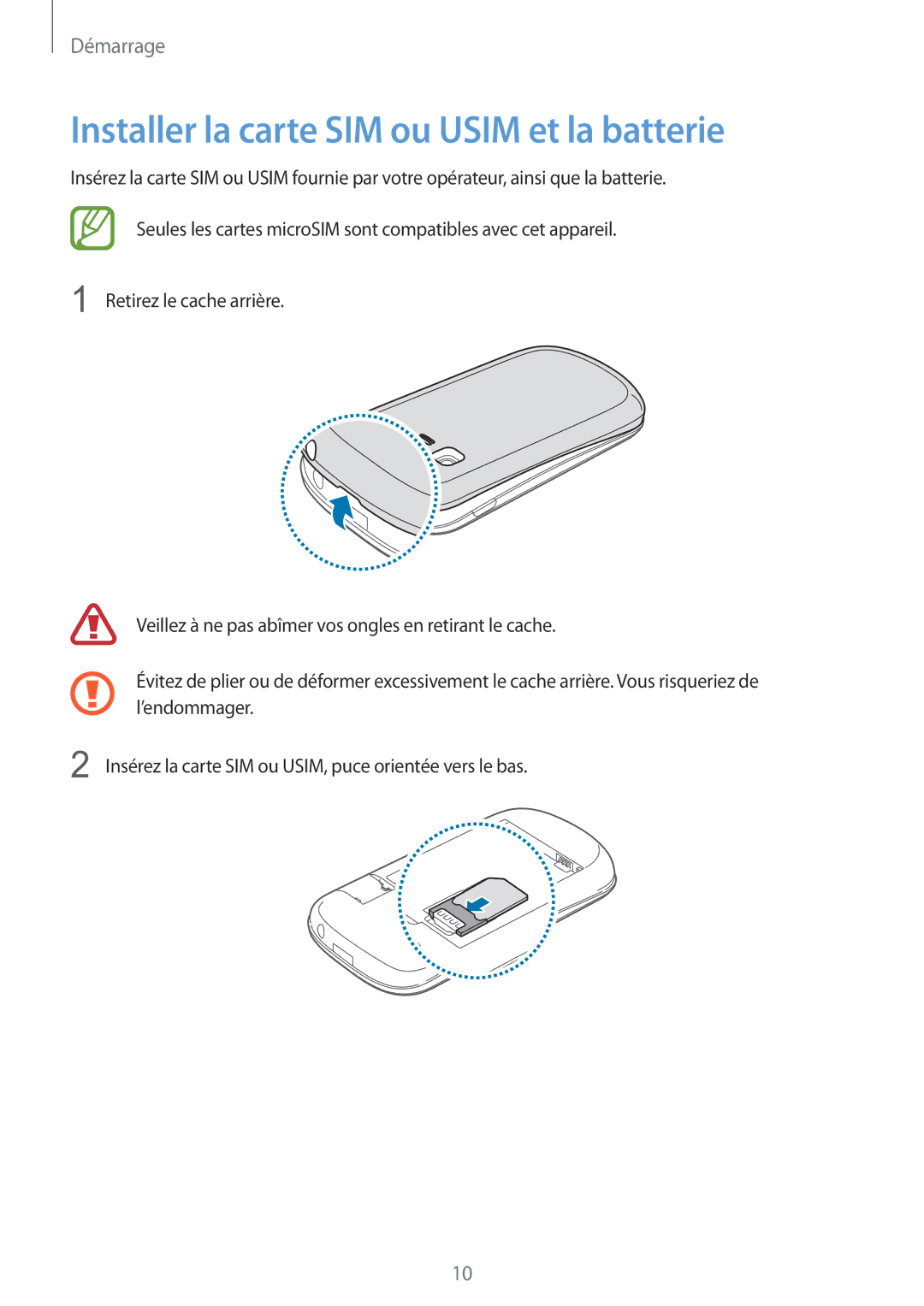 Samsung GT-S5310RWGFTM, GT-S5310BKGFTM manual Installer la carte SIM ou Usim et la batterie 