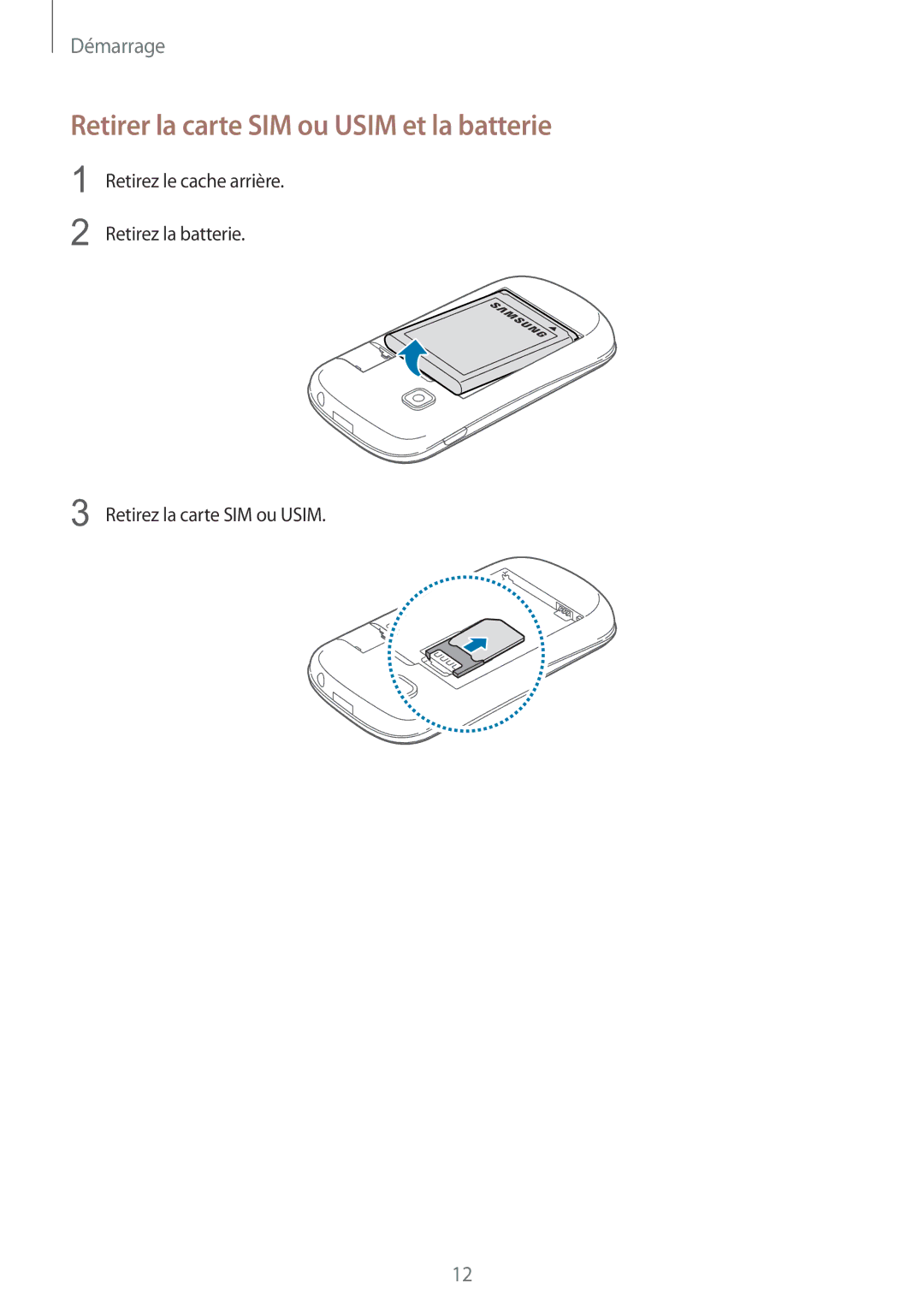 Samsung GT-S5310RWGFTM, GT-S5310BKGFTM manual Retirer la carte SIM ou Usim et la batterie 