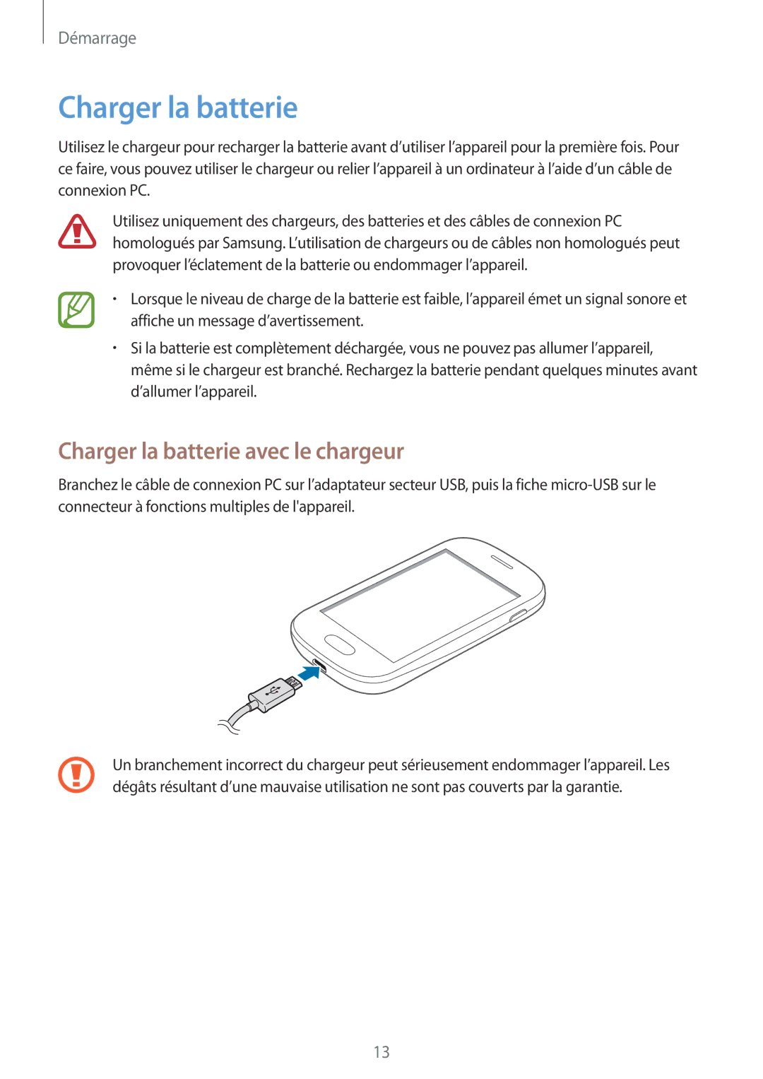 Samsung GT-S5310BKGFTM, GT-S5310RWGFTM manual Charger la batterie avec le chargeur 