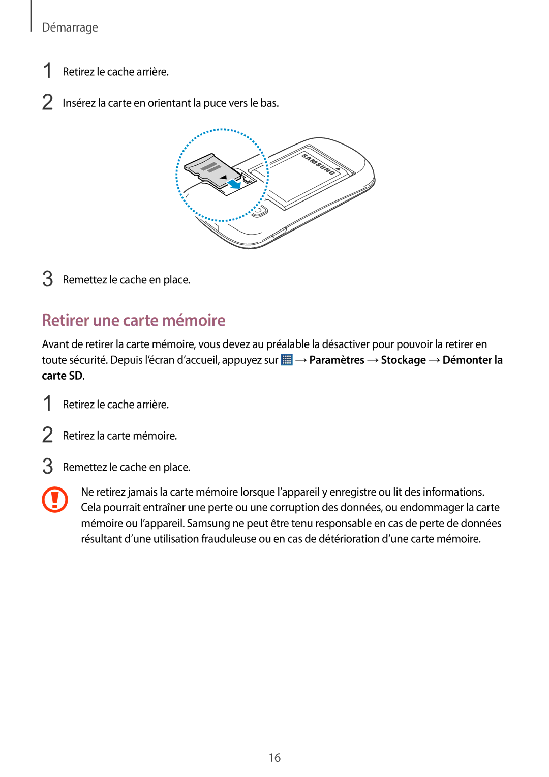 Samsung GT-S5310RWGFTM, GT-S5310BKGFTM manual Retirer une carte mémoire 